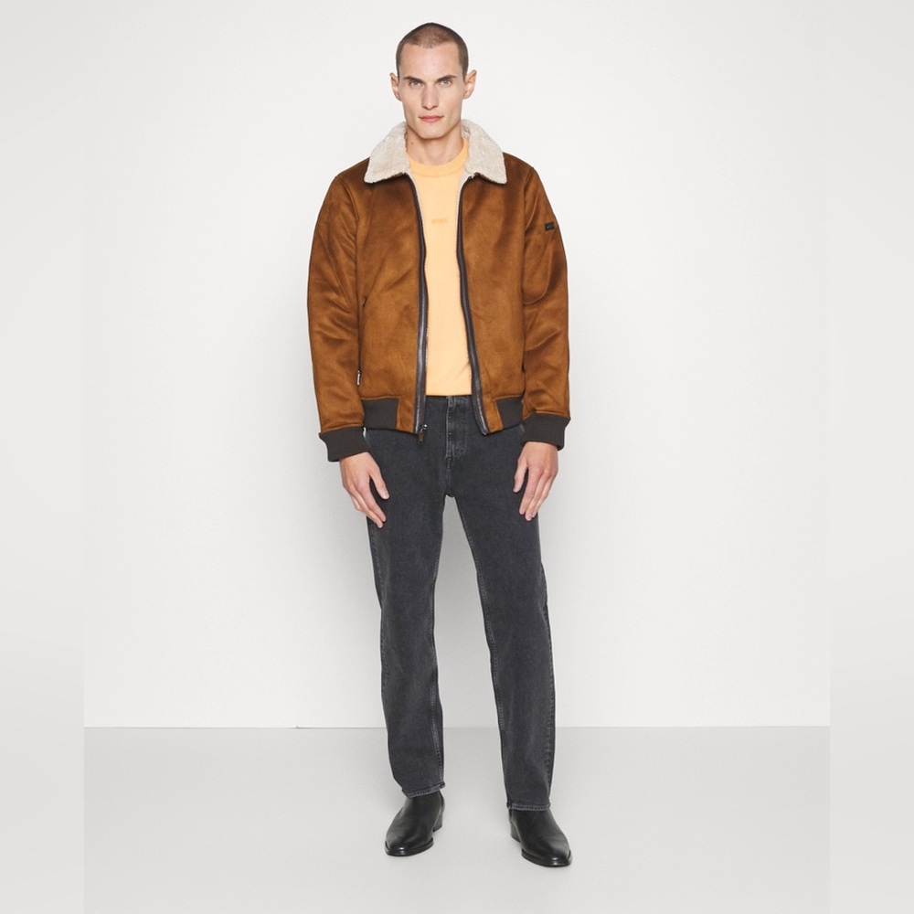 DKNY SHEARLING BOMBER WITH SHERPA LINED COLLAR - Faux leather jacket Sz S